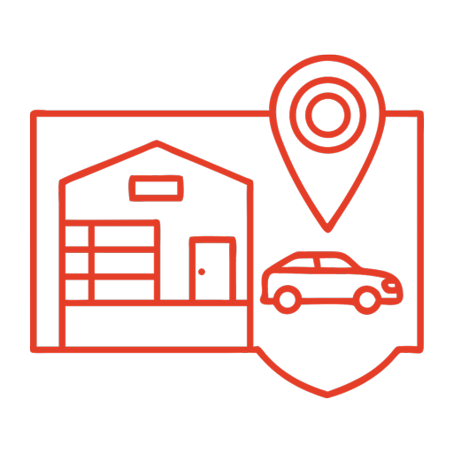 Repair shop building with a location pin and a car inside a shield, symbolizing a conveniently located and secure auto shop