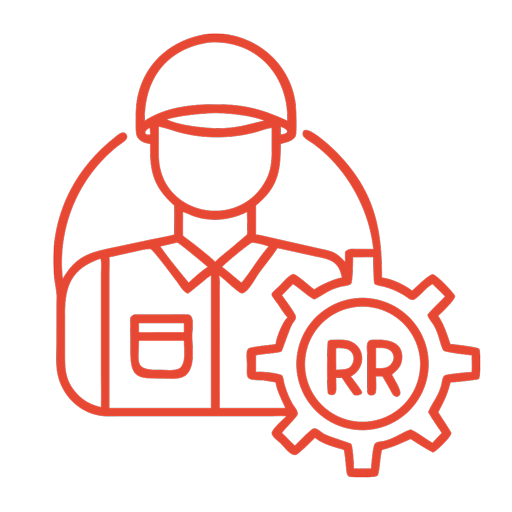 Auto mechanic with a gear labeled RR, representing certified Rolls-Royce repair specialists