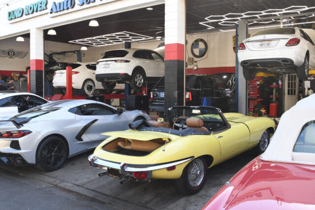 Jaguar and Luxury Cars at Our Los Angeles Service Center Multiple luxury cars including Jaguar inside European Auto Service shop in Reseda, Los Angeles