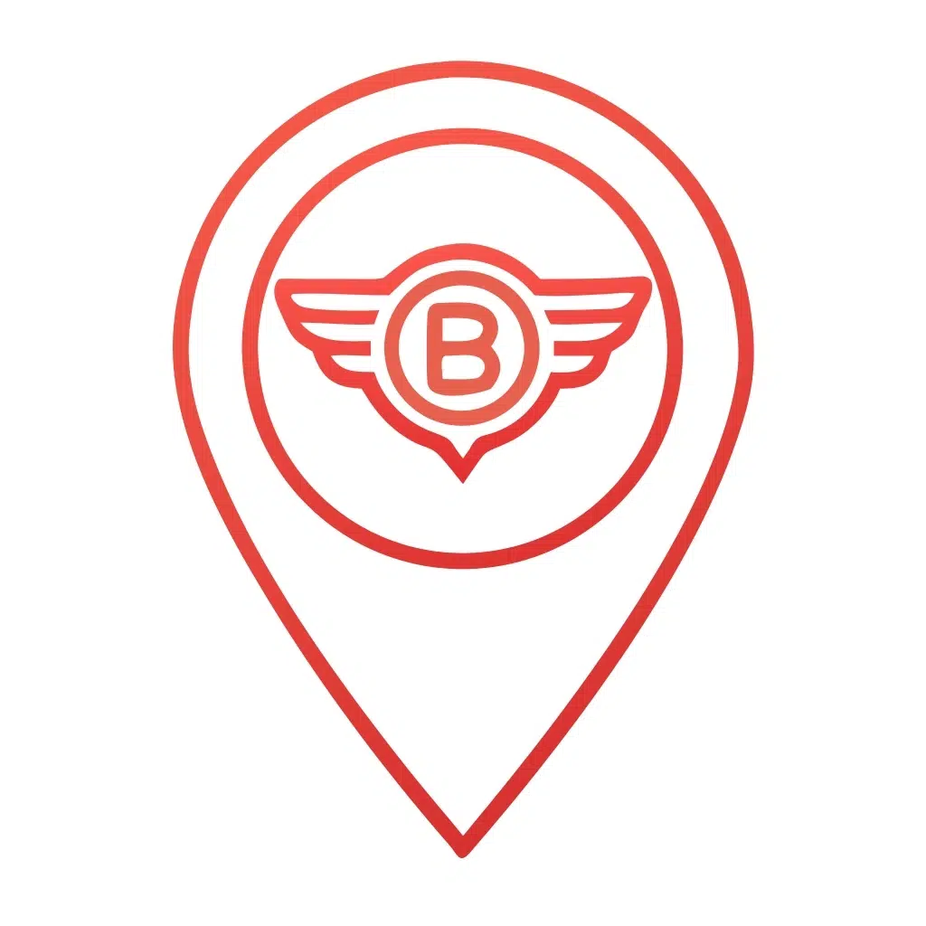 Map pin icon with Bentley logo inside a secure location outline