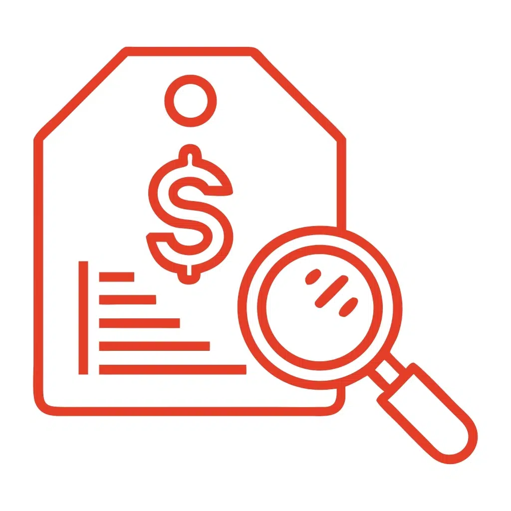Price tag with dollar sign and magnifying glass