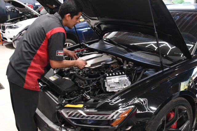 Engine Repair in Progress on Audi RS6 at European Auto Service Reseda Technician working on Audi RS6 engine under open hood inside Reseda workshop