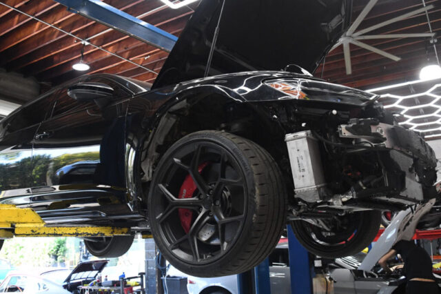 Audi RS6 Front End Repair at European Auto Service Audi RS6 on lift with front bumper removed during engine and cooling system repair in Reseda
