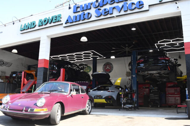 Classic Porsche 911 Restoration at European Auto Service Classic purple Porsche 911 parked outside European Auto Service in Reseda during restoration