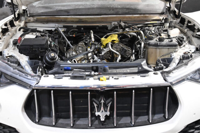 Maserati engine with exposed timing chain during service in Reseda Timing chain service in progress on Maserati engine at European Auto Service in Reseda