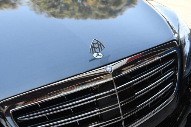 Close-Up of Maybach Hood Emblem – S600 Model Shiny Maybach hood ornament and grille on S600 at European Auto Service