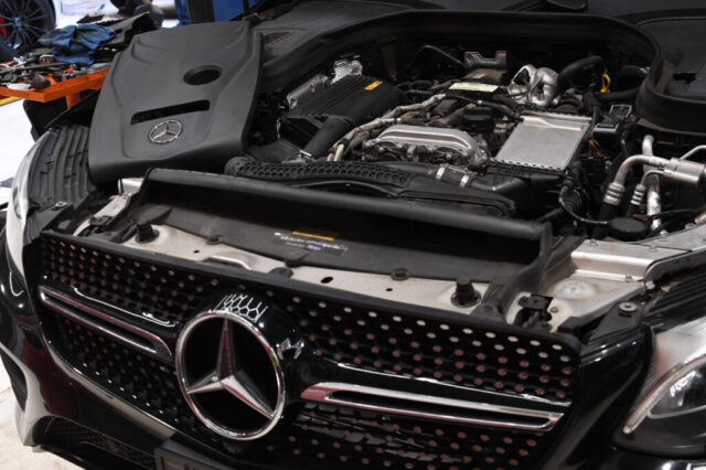 Mercedes Engine Diagnosis at European Auto Service in Reseda Mercedes-Benz engine compartment opened for diagnostics at European Auto Service in Reseda, Los Angeles