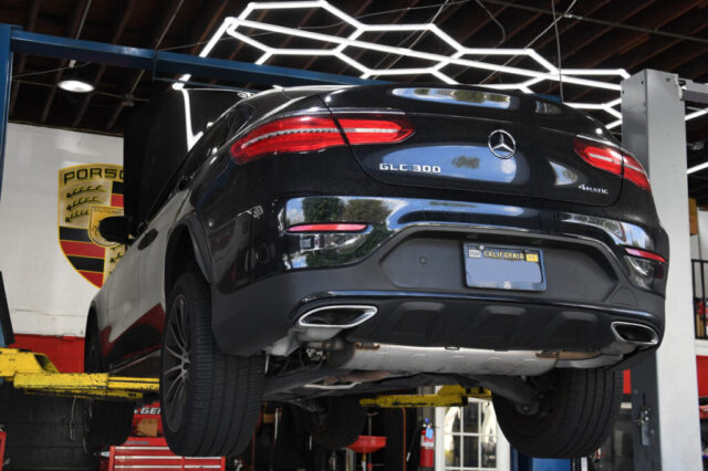 Mercedes-Benz GLC 300 Undercar Inspection at European Auto Service Mercedes GLC 300 on lift during undercarriage inspection at European Auto Service