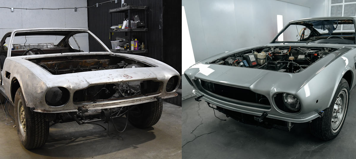 Classic Aston Martin V8 before and after restoration at European Auto Service showing bare metal shell transformed to freshly painted silver body with rebuilt engine