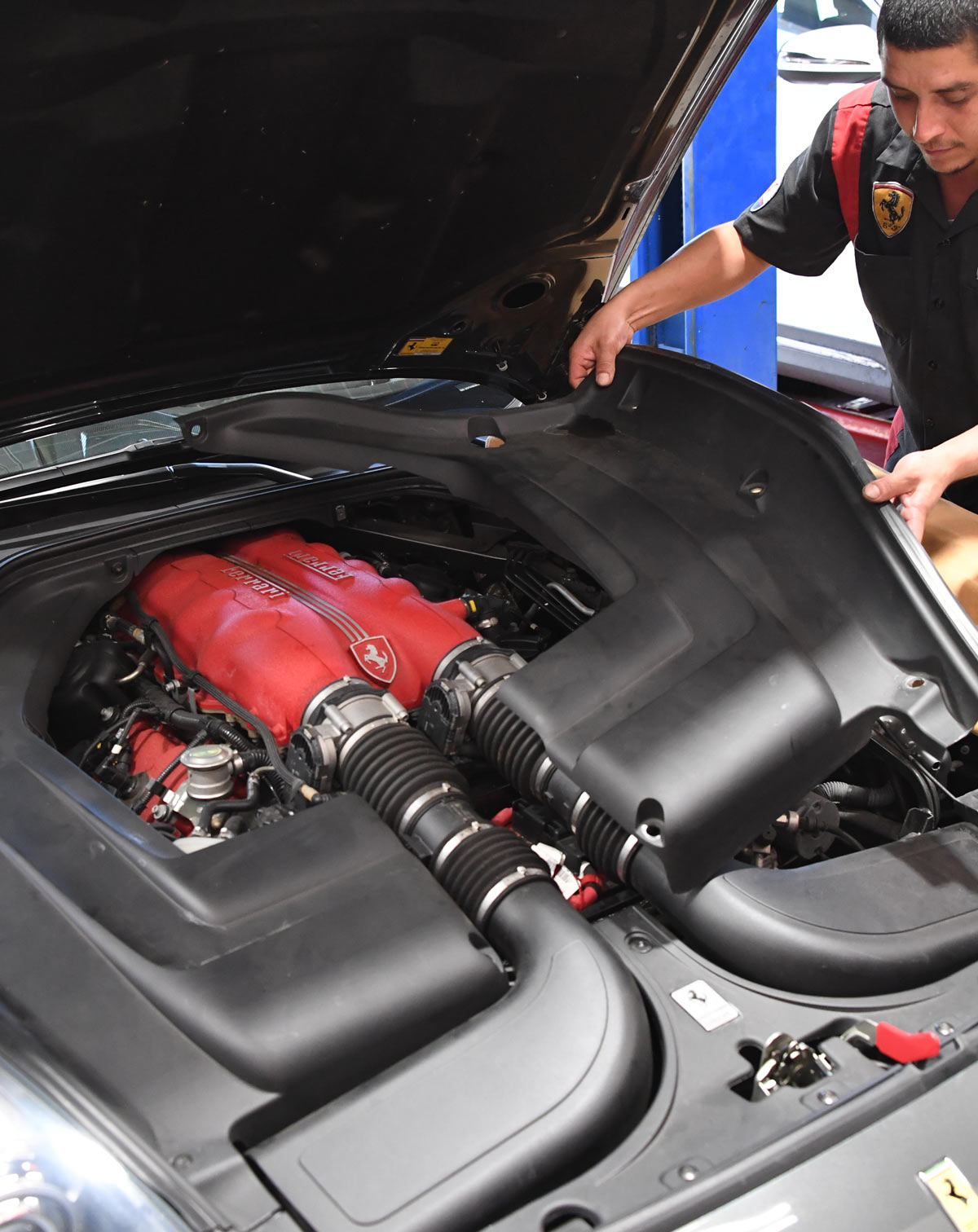 Ferrari engine inspection and maintenance at European Auto Service in Reseda