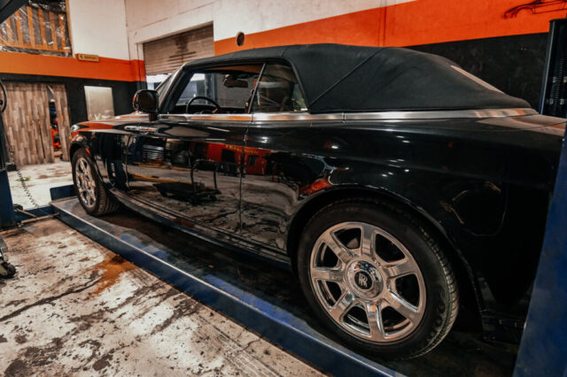 rolls-royce-maintenance-los-angeles Rolls-Royce on lift during maintenance at Los Angeles luxury auto repair shop
