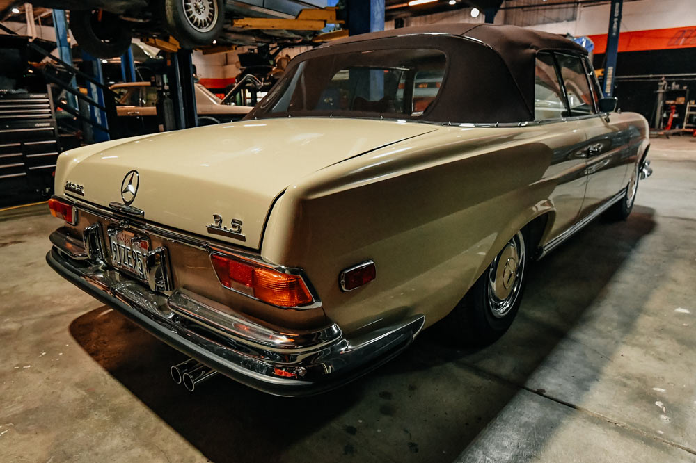 Mercedes 280SE Cabriolet rear detail with chrome bumper and exhaust
