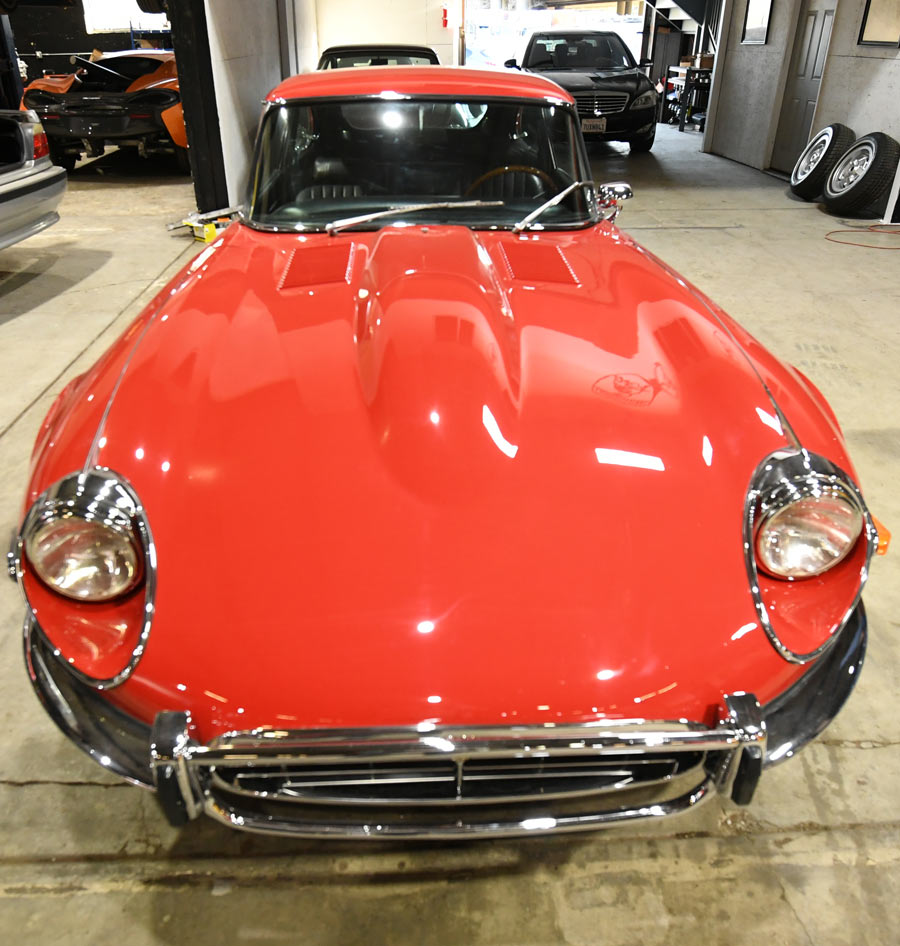 1971 Jaguar E-Type V12 front view after fresh paint and chrome refurbishment