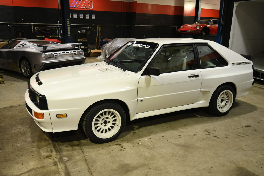 1983 Audi Sport Quattro in restoration at European Auto Service in Reseda alongside Cizeta-Moroder V16T and Ferrari Dino