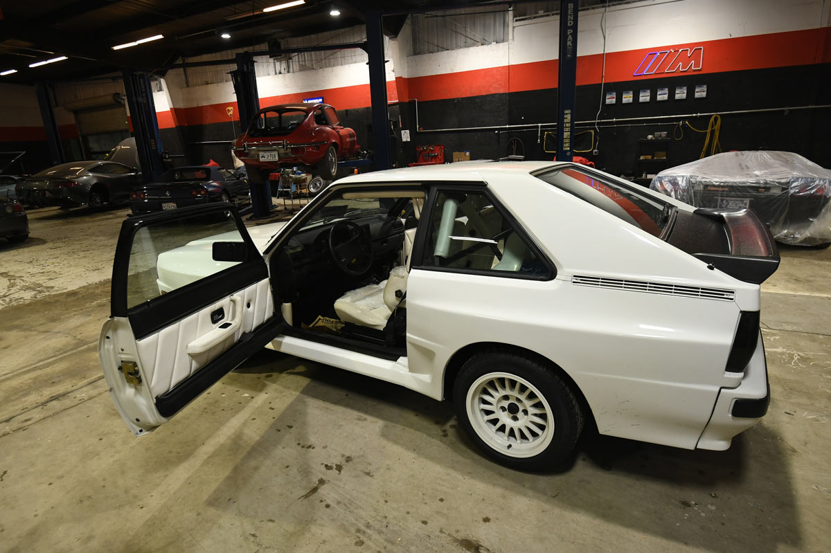 Audi Sport Quattro with door open showing interior during cabin floor restoration
