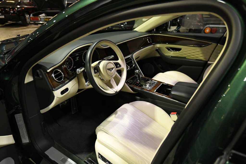 Bentley Flying Spur cream leather interior with diamond-quilted seats and wood trim