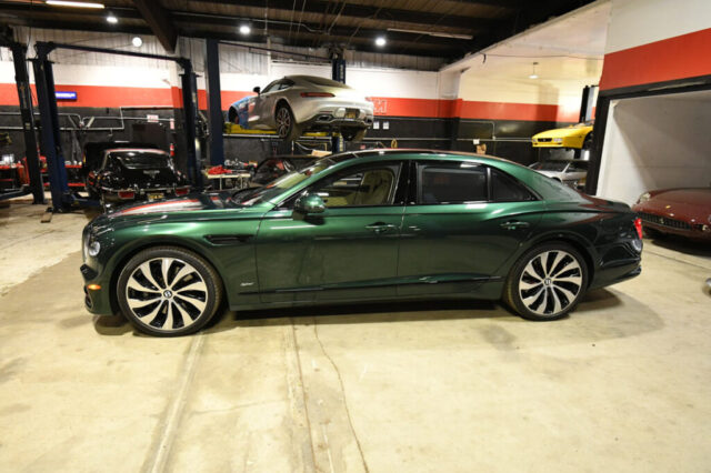 Bentley Flying Spur Hybrid after body repair Bentley Flying Spur Hybrid in racing green after body repair at European Auto Service in Reseda