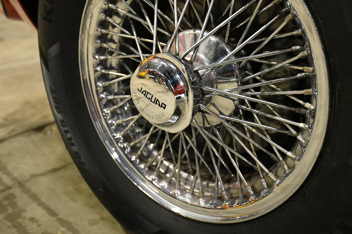 Jaguar E-Type chrome wire wheel after brake and suspension service