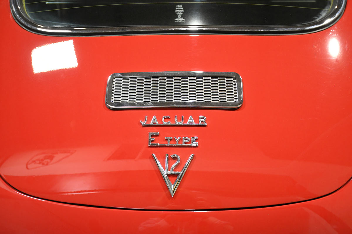 Jaguar E-Type V12 rear badge after paint refresh - 1971 model