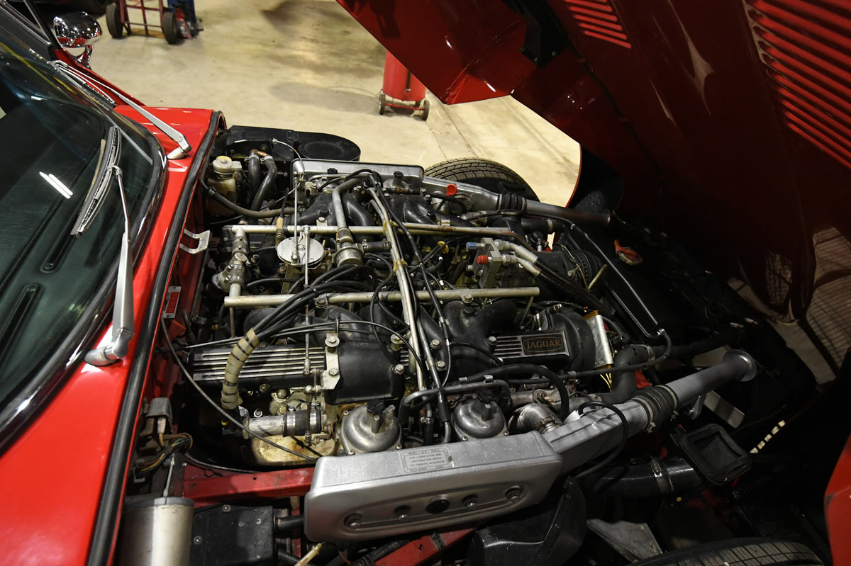 Jaguar V12 engine bay during gasket and rod bearing service